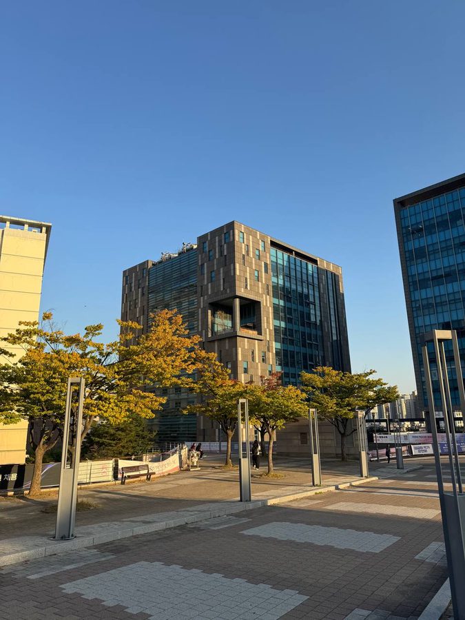 맑은 하늘 아래 갈색 외벽과 유리창으로 된 건물이 서 있고, 앞쪽 나무들이 노랗게 물들어 있다