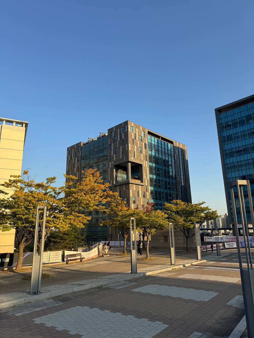 갈색 외벽과 커다란 유리창이 있는 건물 앞에 노랗게 물든 나무와 벤치, 길쭉한 회색 조명 기둥들이 서 있다