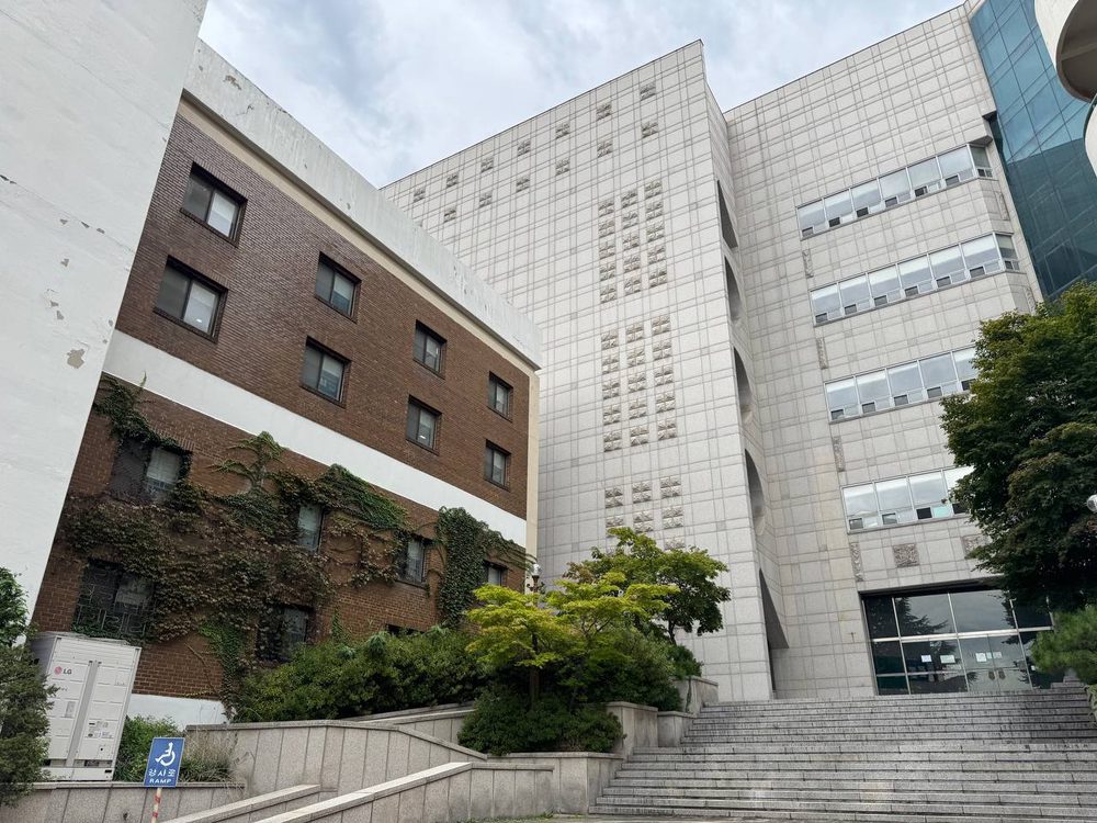 담쟁이가 자란 낮은 벽돌 건물 뒤로 밝은색 도서관 신관이 높이 서 있고, 입구 앞에는 넓은 계단과 경사로가 놓여 있다