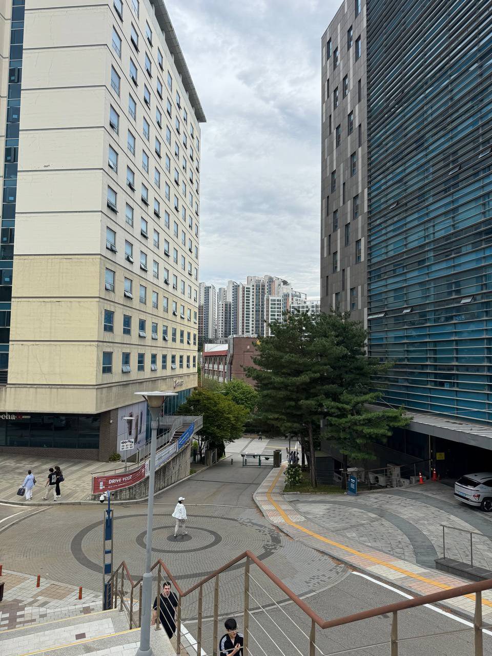 계단 위에서 내려다본 건물 사이 내리막길에 원형 바닥 무늬와 보행자들이 보이고, 길가에는 소나무와 노란 점자블록이 이어진다