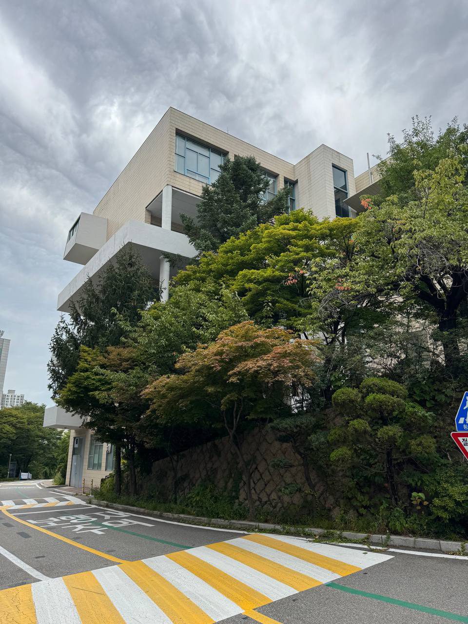 노란색과 흰색 과속방지턱 너머로 석축과 울창한 나무가 있고 그 위로 본관 측면이 보인다