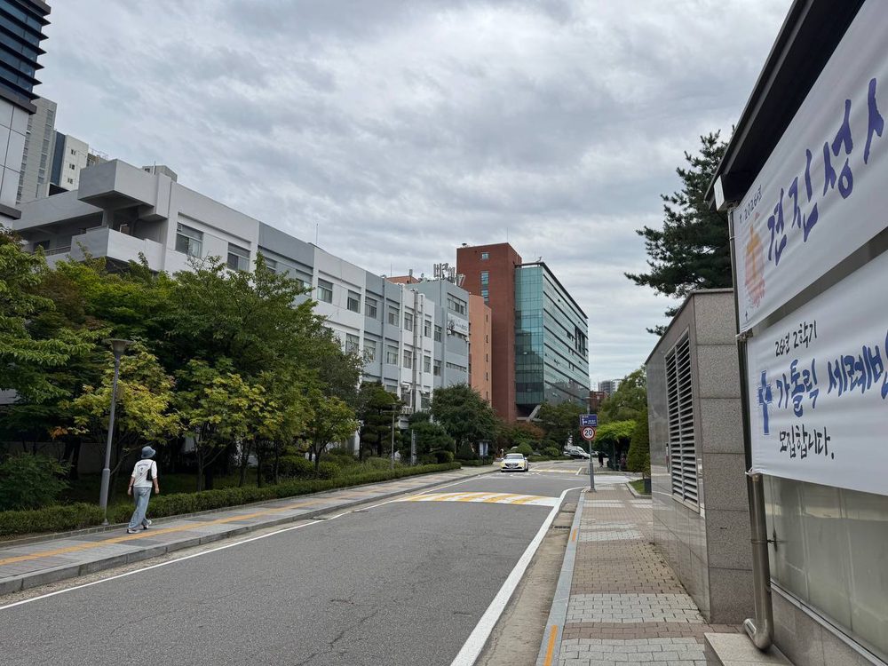 나무가 늘어선 캠퍼스 도로를 따라 회색 건물과 붉은 벽돌 건물, 유리 외벽 건물이 이어지고 왼쪽 보도에는 사람이 걷고 있다